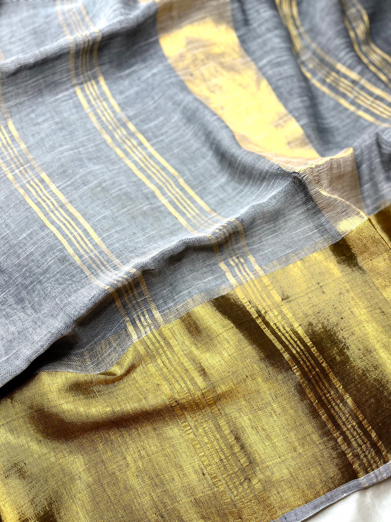 Handwoven Linen Saree - French Gray+ Gold