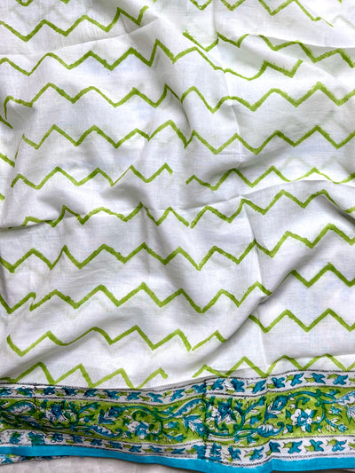 Handblock Printed Cotton Saree -  French White + Blue Green
