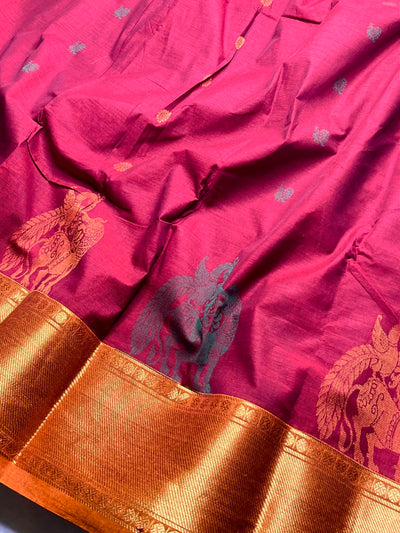 Kanchi Cotton Saree -  Mulberry Red + Fiery Orange