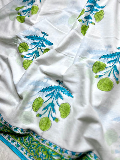 Handblock Printed Cotton Saree -  French White + Blue Green