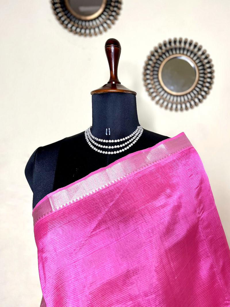 Handwoven Mangalgiri Silk Cotton Saree - Brilliant Rose + Silver