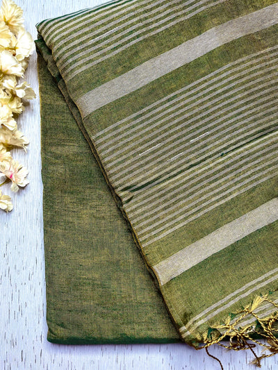 Handwoven Metallic Linen Tissue Saree - Olive Green + Gold