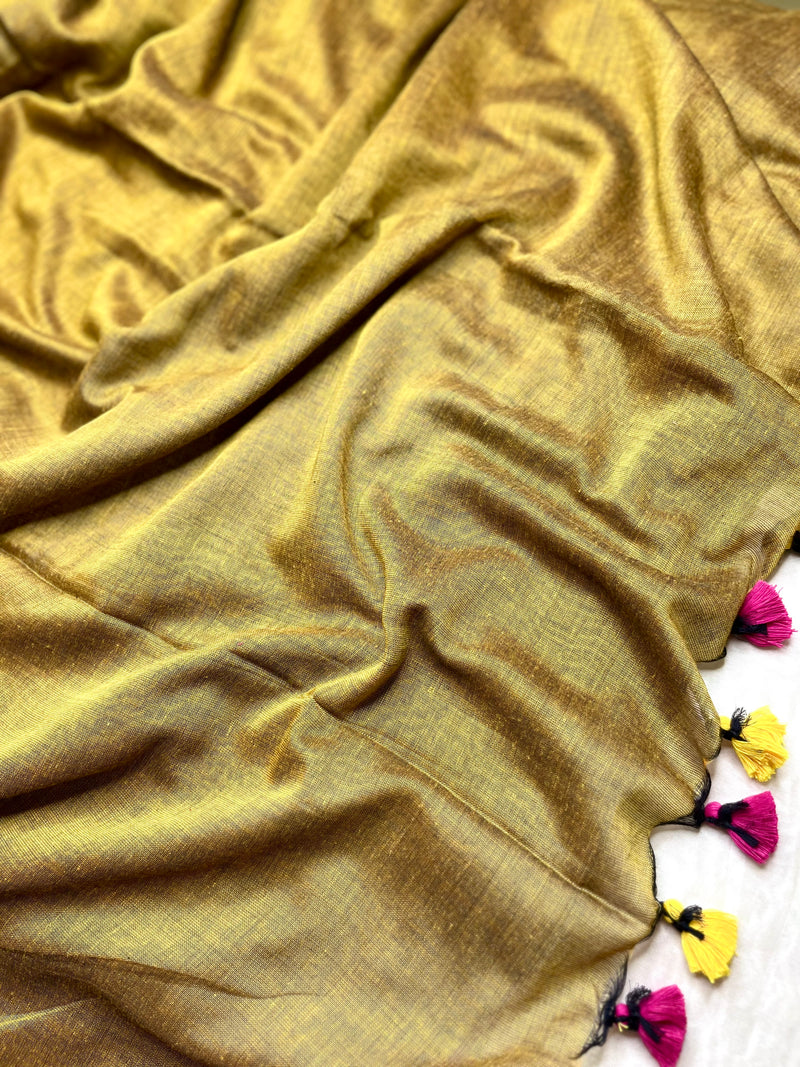 Khadi Cotton Saree - Brilliant Rose+ Copper Brown