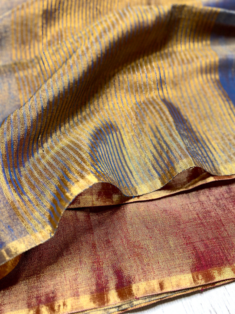 Handwoven Metallic Linen Tissue Saree - Steel Blue + Burgundy