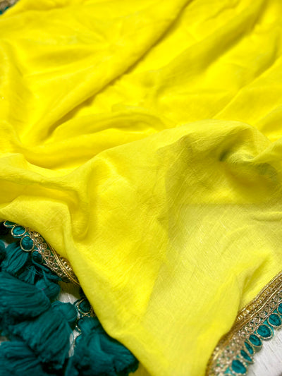 Handcrafted Cotton Saree - Bitter Lemon Yellow+ Deep Sea Green