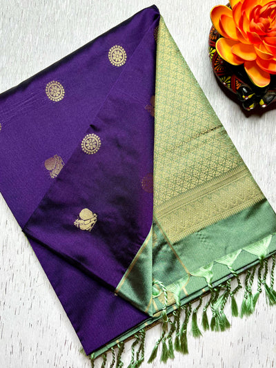 Soft Silk Saree  -  Persian Indigo + Tea Green