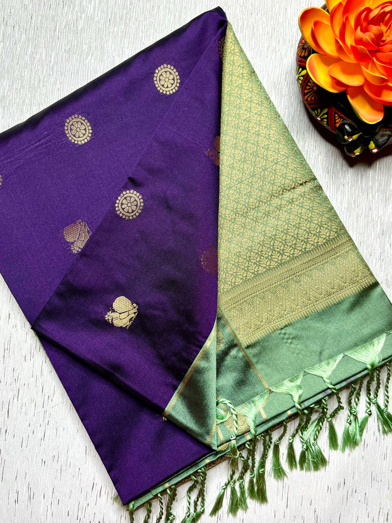 Soft Silk Saree  -  Persian Indigo + Tea Green
