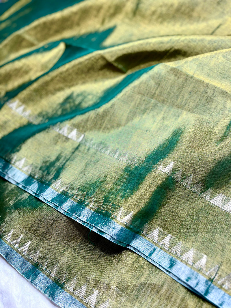 Handwoven Metallic Linen Tissue Saree - Olive Green + Gold