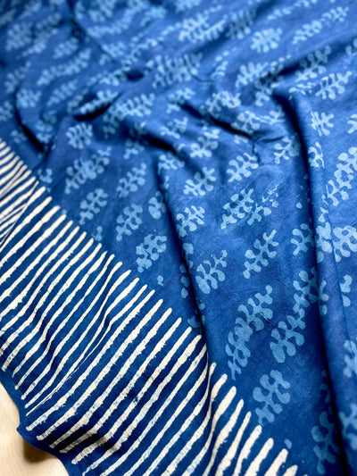 Handblock Printed Cotton Saree -   Denim Blue + Soft White