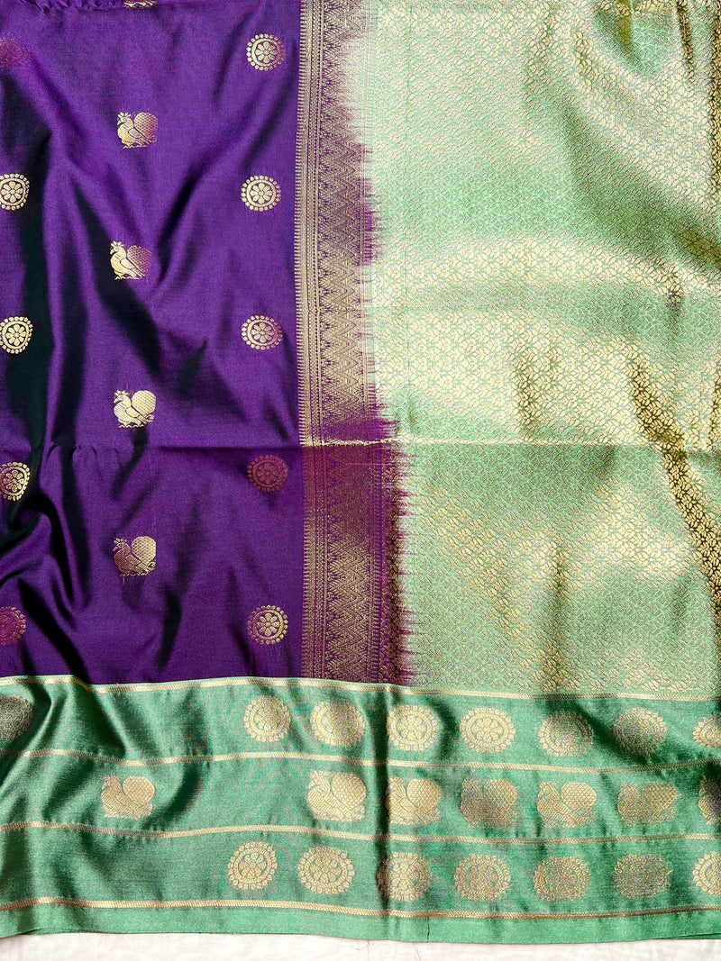 Soft Silk Saree  -  Persian Indigo + Tea Green