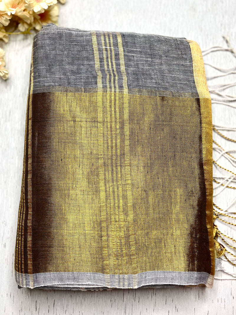 Handwoven Linen Saree - French Gray+ Gold