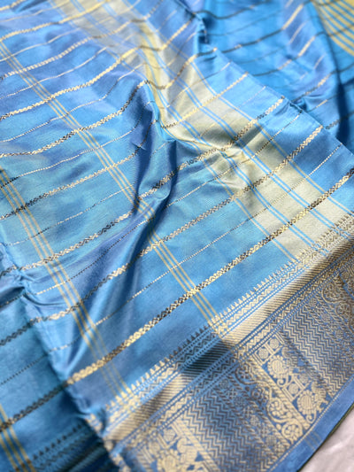 Handwoven Art Silk Saree -  Yellow Green+ Denim Blue