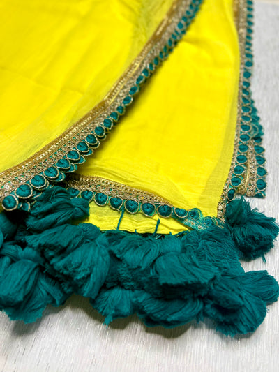 Handcrafted Cotton Saree - Bitter Lemon Yellow+ Deep Sea Green