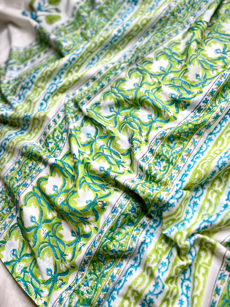 Handblock Printed Cotton Saree -  French White + Blue Green