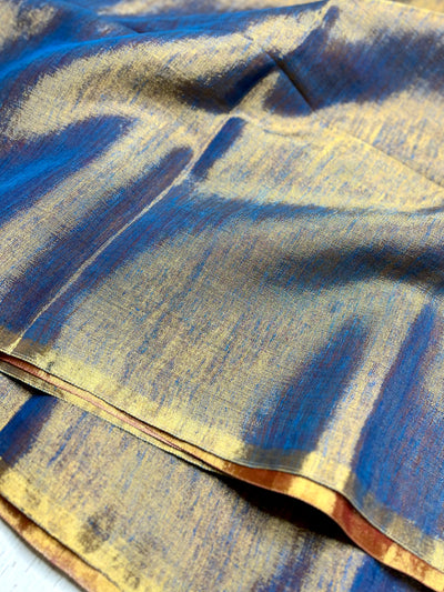 Handwoven Metallic Linen Tissue Saree - Steel Blue + Burgundy