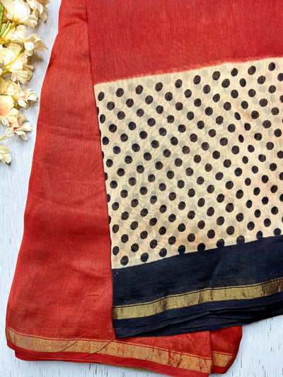 Handblock Printed Silk Cotton Saree -  Roman Red + Soft Pink