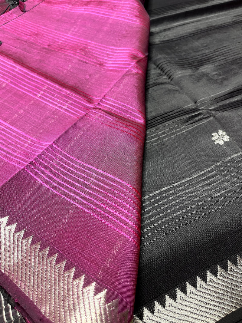 Handwoven Mangalgiri Silk Cotton Saree - Thunder Black + Red Violet