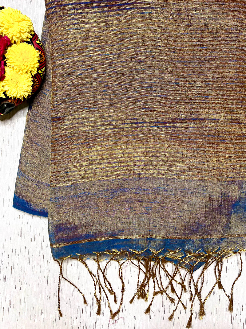 Handwoven Metallic Linen Tissue Saree - Steel Blue + Burgundy