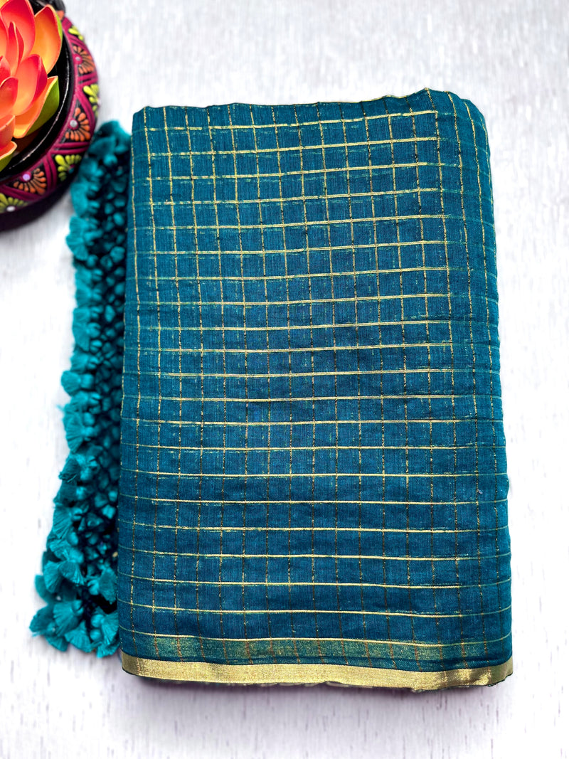 Handwoven Cotton Saree -  Teal Green + Gold