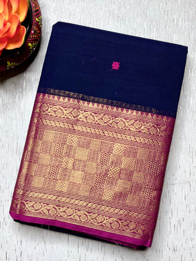 Chettinad Cotton Saree - Deep Blue + Medium Red Violet