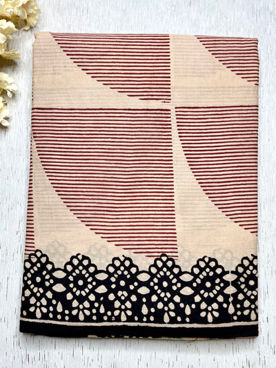 Handblock Printed Cotton Saree - Soft Peach + Mulberry Red