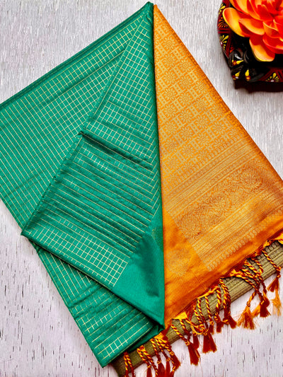 Soft Silk Saree  - Turquoise + Mango Yellow