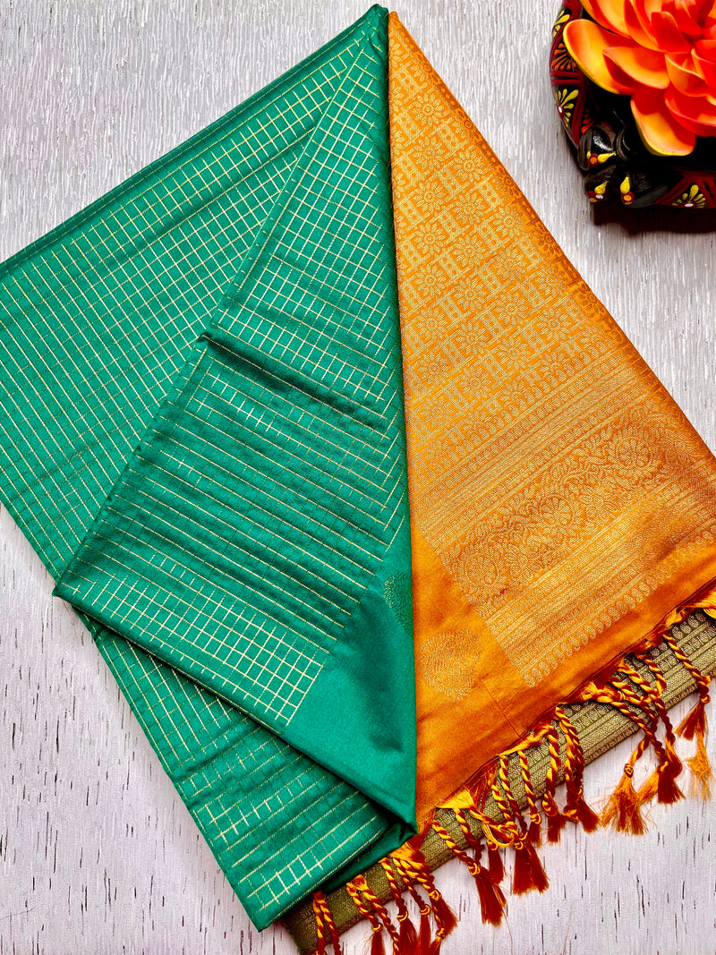 Soft Silk Saree  - Turquoise + Mango Yellow