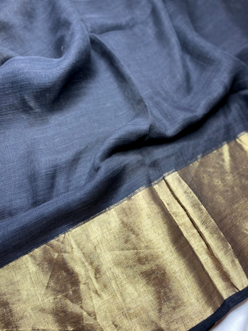 Handwoven Linen Saree - Russian Black + Gold