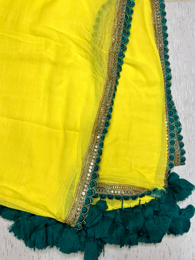 Handcrafted Cotton Saree - Bitter Lemon Yellow+ Deep Sea Green