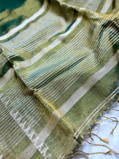 Handwoven Metallic Linen Tissue Saree - Olive Green + Gold