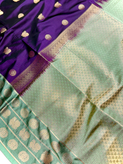 Soft Silk Saree  -  Persian Indigo + Tea Green