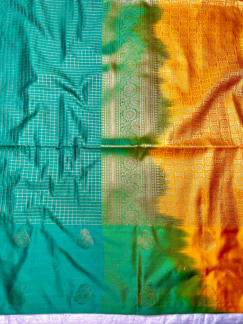 Soft Silk Saree  - Turquoise + Mango Yellow