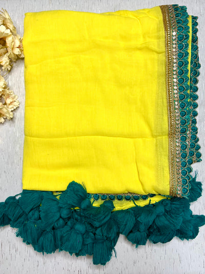 Handcrafted Cotton Saree - Bitter Lemon Yellow+ Deep Sea Green