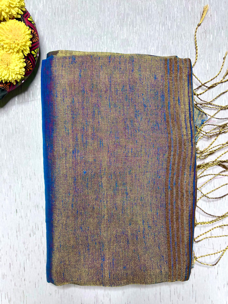 Handwoven Metallic Linen Tissue Saree - Steel Blue + Burgundy