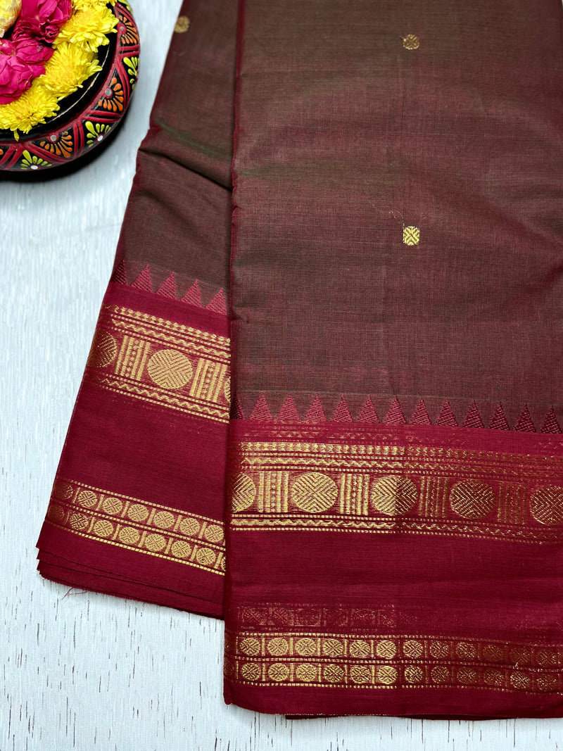 EXP - Chettinad Cotton Saree - Derby Brown + Black Rose