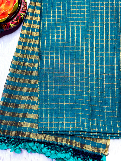 Handwoven Cotton Saree -  Teal Green + Gold