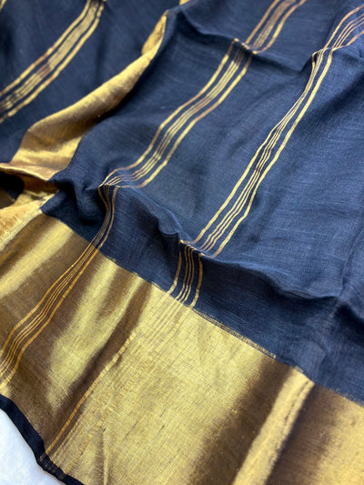 Handwoven Linen Saree - Russian Black + Gold