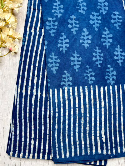 Handblock Printed Cotton Saree -   Denim Blue + Soft White