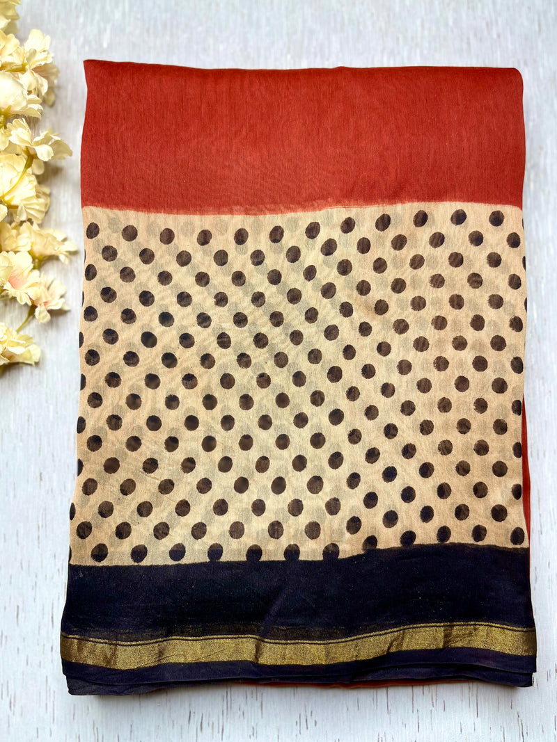 Handblock Printed Silk Cotton Saree -  Roman Red + Soft Pink