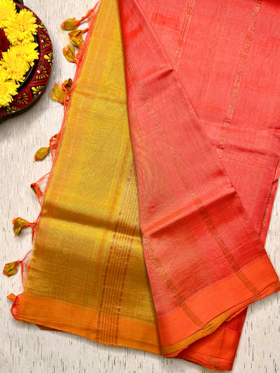 Handwoven Mangalgiri Silk Cotton Saree - Sweet Pink + Energy Yellow