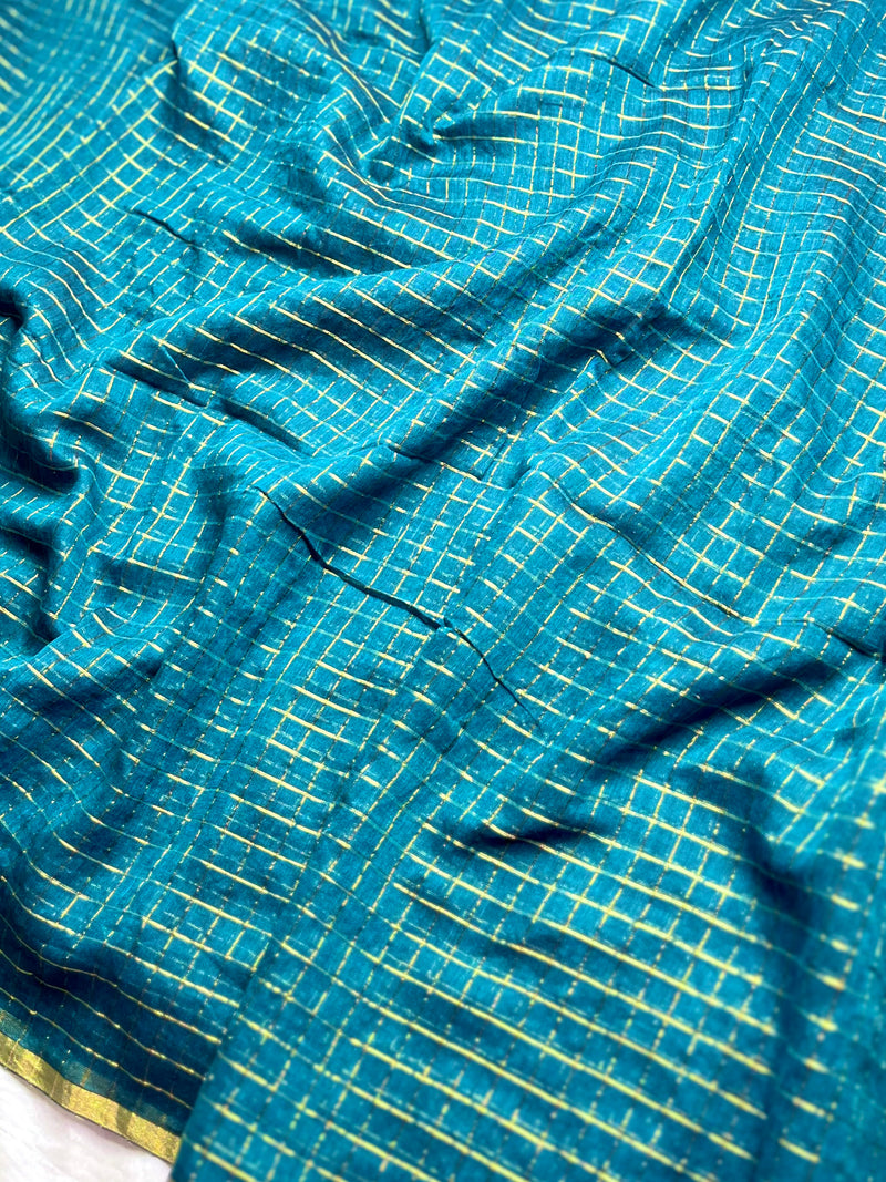 Handwoven Cotton Saree -  Teal Green + Gold