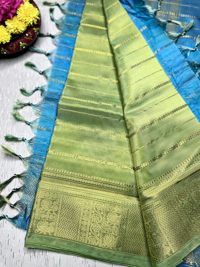 Handwoven Art Silk Saree -  Yellow Green+ Denim Blue