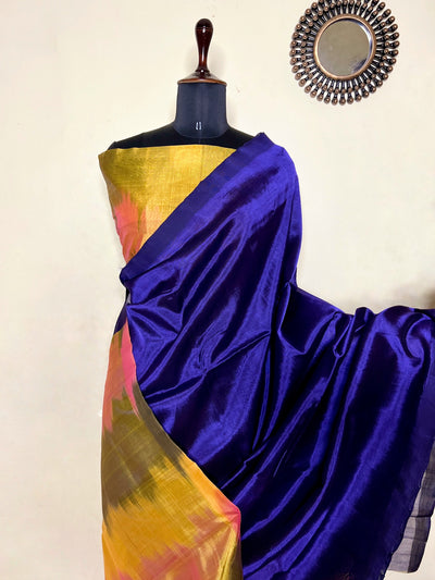 Handwoven Silk Cotton Saree - Royal Midnight Blue + Bright Sun