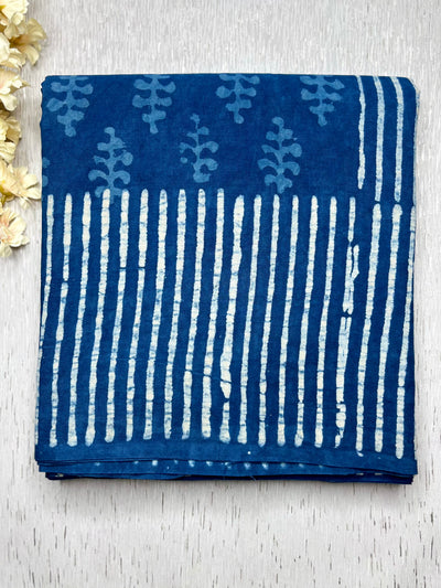 Handblock Printed Cotton Saree -   Denim Blue + Soft White