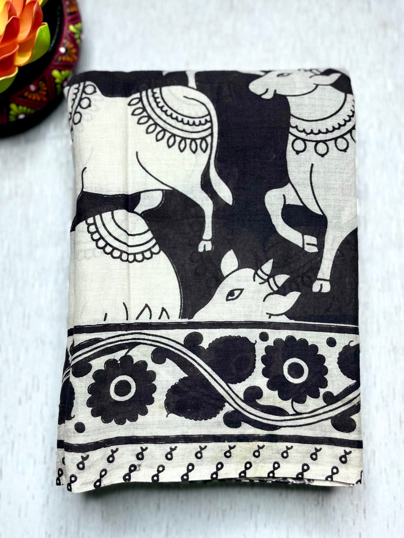 Handcrafted Kalamkari Cotton Saree - Smokey Black + Soft Cream