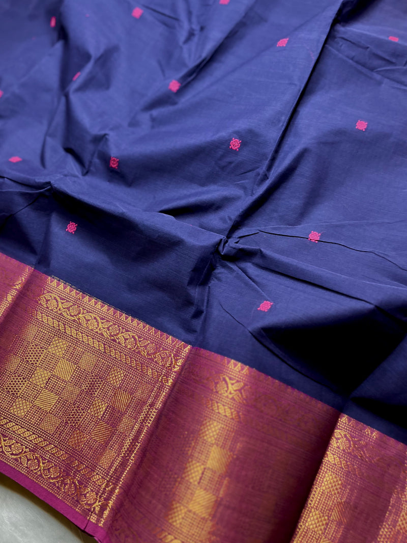 Chettinad Cotton Saree - Deep Blue + Medium Red Violet
