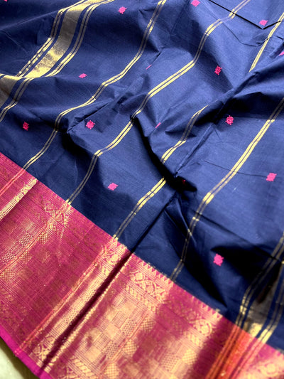 Chettinad Cotton Saree - Deep Blue + Medium Red Violet