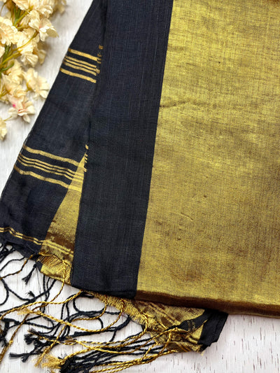 Handwoven Linen Saree - Russian Black + Gold