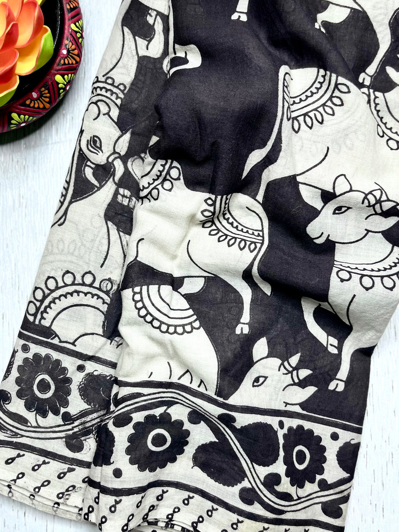 Handcrafted Kalamkari Cotton Saree - Smokey Black + Soft Cream