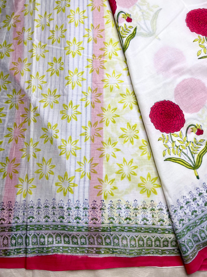 Handblock Printed Cotton Saree -  Titan White + Soft Green